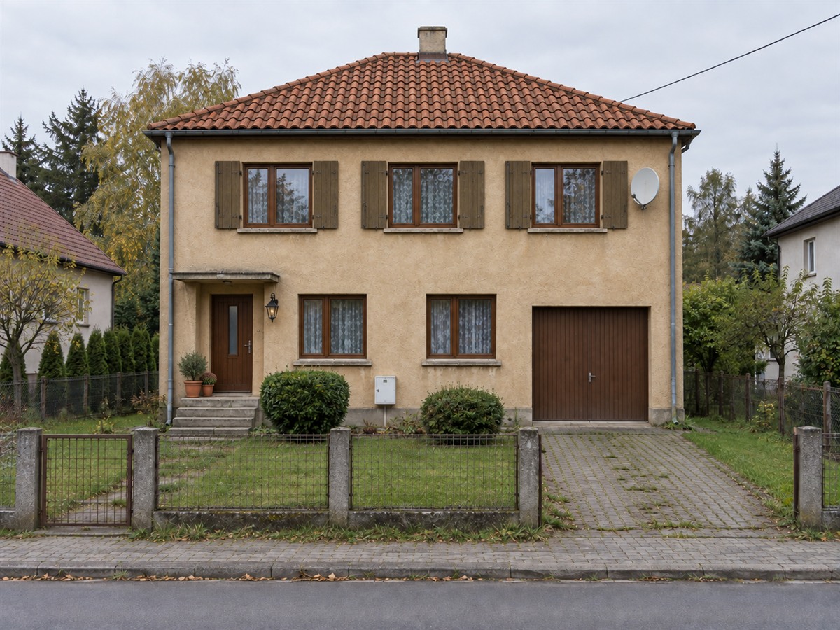 Ta sama kostka w stylu śródziemnomorskim — piaskowa elewacja, terakotowy dach